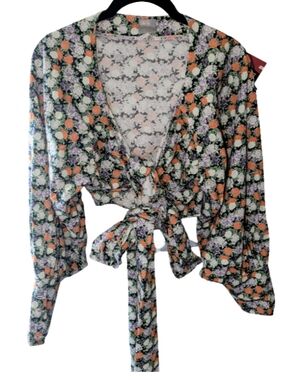 ASOS Floral Tie Front Wrap Blouse Size 8 Balloon Sleeve Boho Festival Top‎ M-L